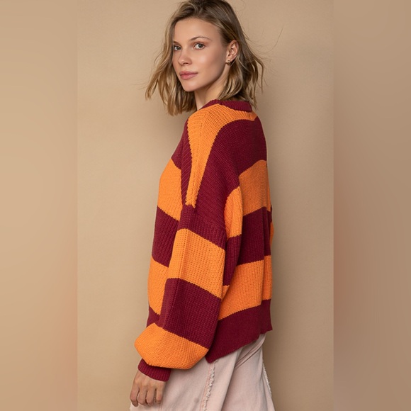 #093 POL So Comfy Burgundy Orange Striped Sweater - Picture 3 of 5
